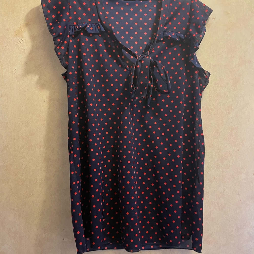 Navy Polka Dot Tie-Neck Women's Top
